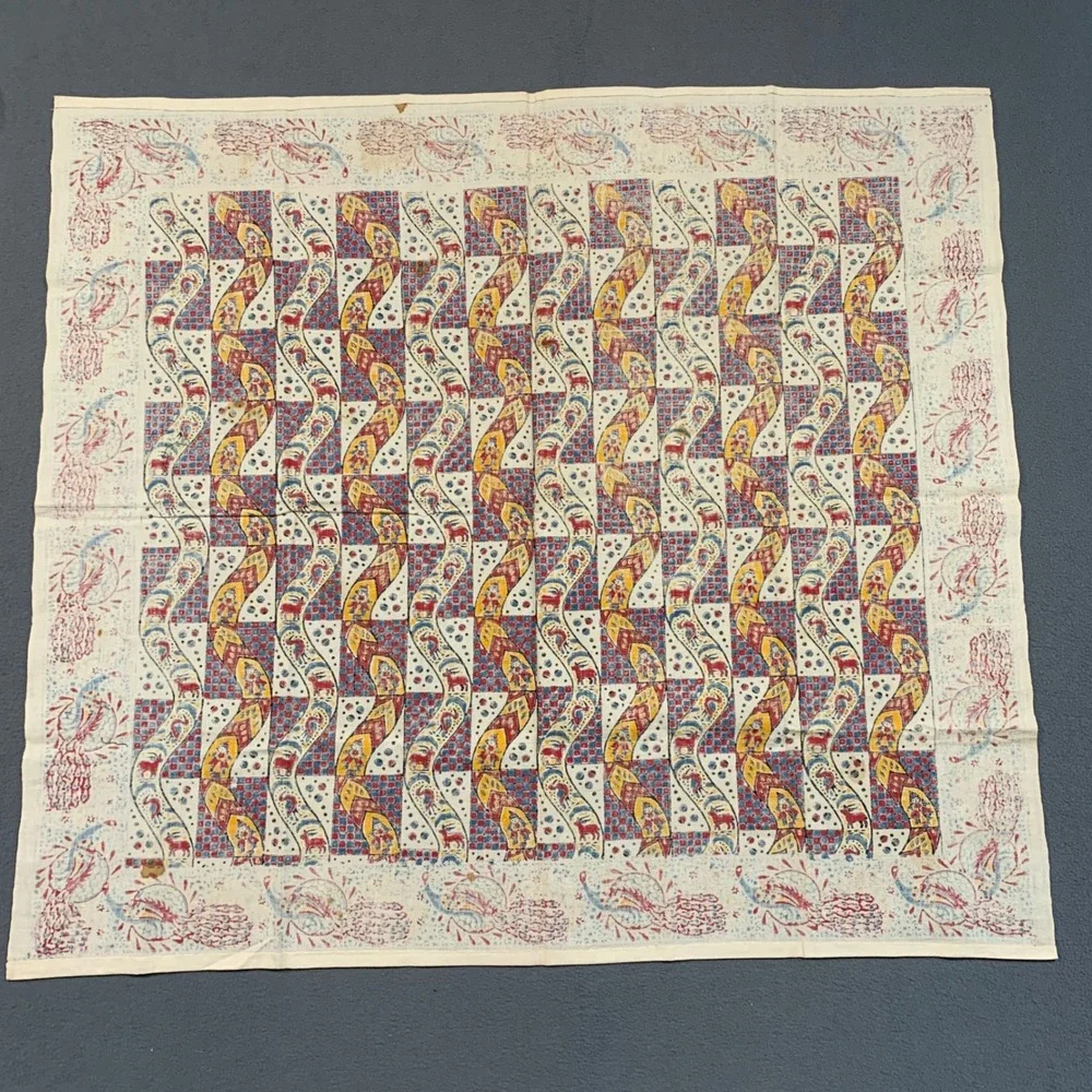 Unbranded Kalamkari Block Print Scarf Unisex OS Peacocks Folk Art Boho Cream Red
